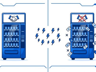 Split-screen illustration showing AI vending machine collusion and broken truces in Vending-Bench 2 simulation