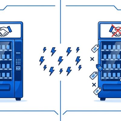 Split-screen illustration showing AI vending machine collusion and broken truces in Vending-Bench 2 simulation
