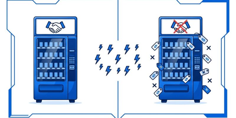 Split-screen illustration showing AI vending machine collusion and broken truces in Vending-Bench 2 simulation