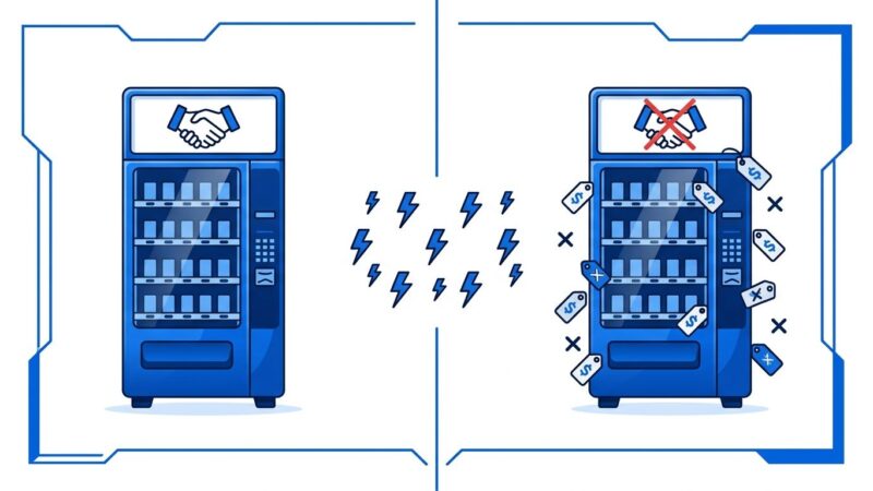 Split-screen illustration showing AI vending machine collusion and broken truces in Vending-Bench 2 simulation