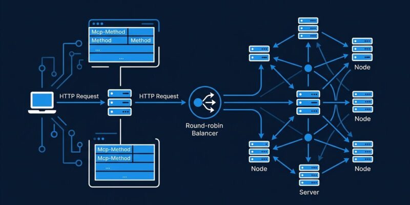 MCP 2026-07-28 specification stateless architecture diagram showing distributed server nodes and protocol header routing
