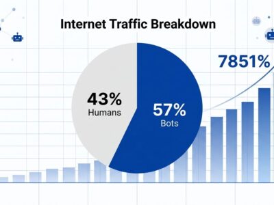 Data visualization showing 57.4% bot traffic versus 42.6% human traffic on the internet in 2026