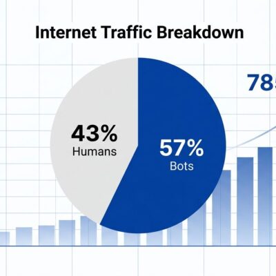 Data visualization showing 57.4% bot traffic versus 42.6% human traffic on the internet in 2026