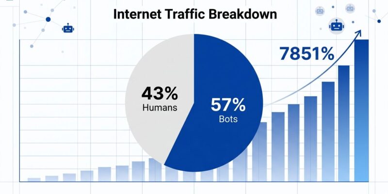 Data visualization showing 57.4% bot traffic versus 42.6% human traffic on the internet in 2026