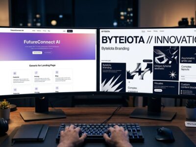Two monitors side by side showing generic AI-generated UI versus a bold distinctive Hallmark-designed interface