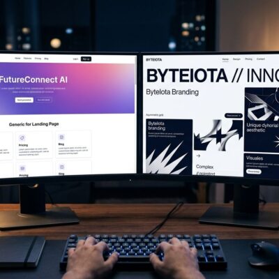 Two monitors side by side showing generic AI-generated UI versus a bold distinctive Hallmark-designed interface