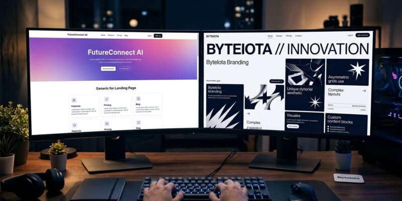 Two monitors side by side showing generic AI-generated UI versus a bold distinctive Hallmark-designed interface