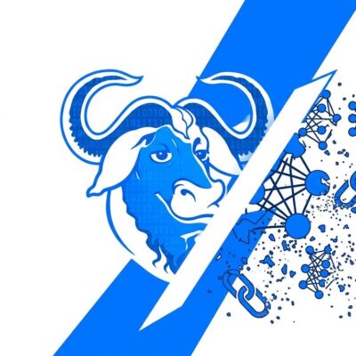 GNU GCC logo with AI neural network symbols being rejected, representing GCC steering committee AI code ban policy