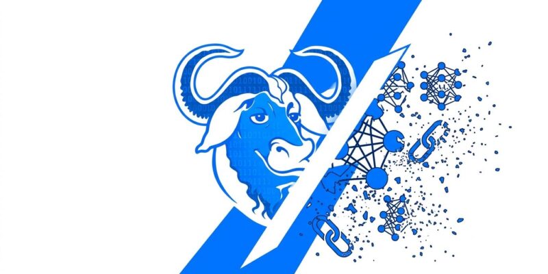 GNU GCC logo with AI neural network symbols being rejected, representing GCC steering committee AI code ban policy