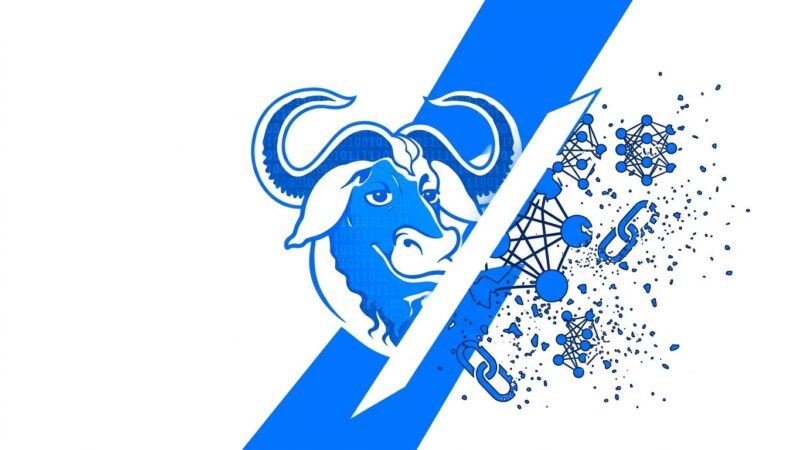 GNU GCC logo with AI neural network symbols being rejected, representing GCC steering committee AI code ban policy