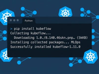 Kubeflow 1.11 pip install command in terminal with Kubernetes icons and neural network background