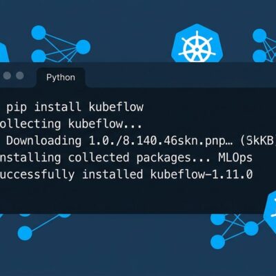 Kubeflow 1.11 pip install command in terminal with Kubernetes icons and neural network background
