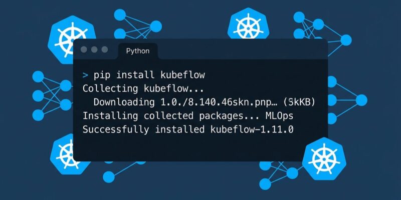 Kubeflow 1.11 pip install command in terminal with Kubernetes icons and neural network background