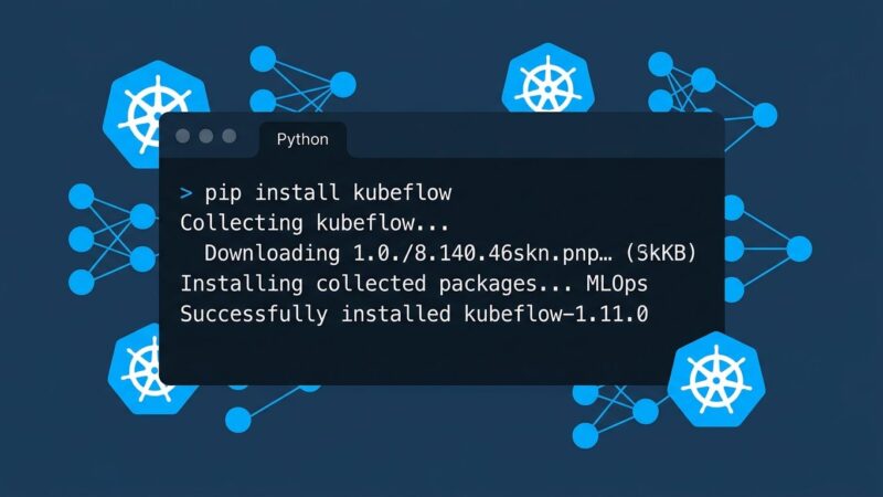 Kubeflow 1.11 pip install command in terminal with Kubernetes icons and neural network background