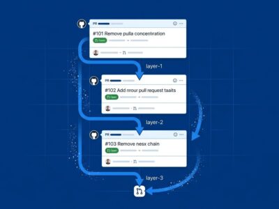GitHub stacked pull requests chain diagram showing three PR layers connected by arrows flowing to main branch, blue and white tech illustration