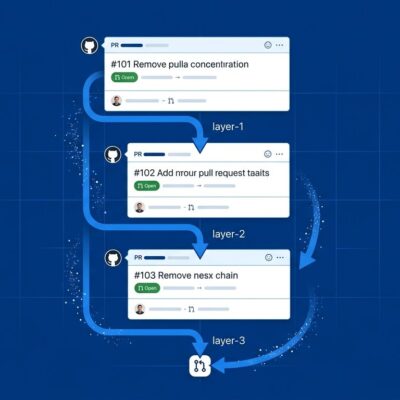 GitHub stacked pull requests chain diagram showing three PR layers connected by arrows flowing to main branch, blue and white tech illustration