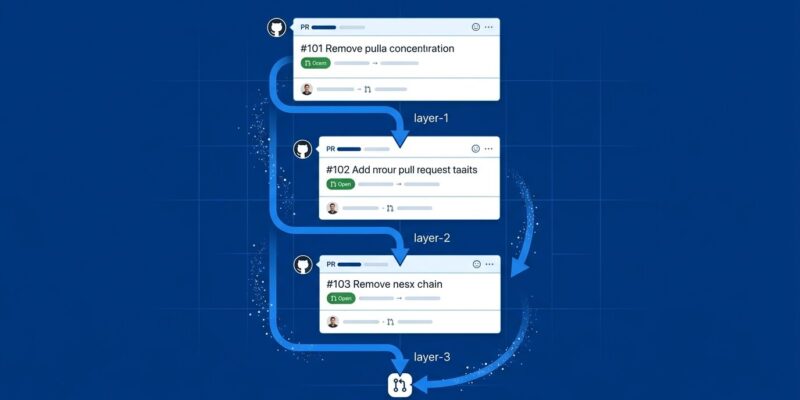 GitHub stacked pull requests chain diagram showing three PR layers connected by arrows flowing to main branch, blue and white tech illustration