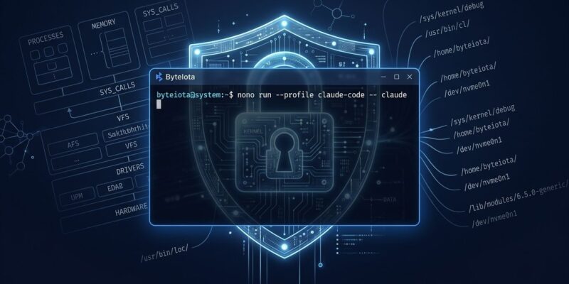 Nono AI agent sandbox terminal showing kernel-level sandboxing command on blue background