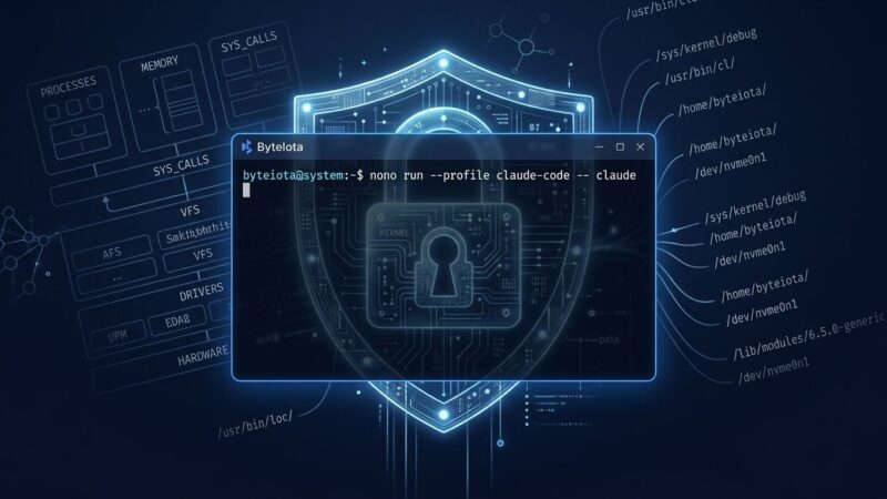 Nono AI agent sandbox terminal showing kernel-level sandboxing command on blue background