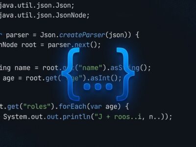 Java code showing Json.parse() call with JEP 540 Simple JSON API on blue ByteIota branded background