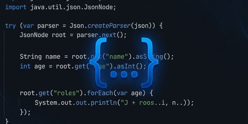 Java code showing Json.parse() call with JEP 540 Simple JSON API on blue ByteIota branded background