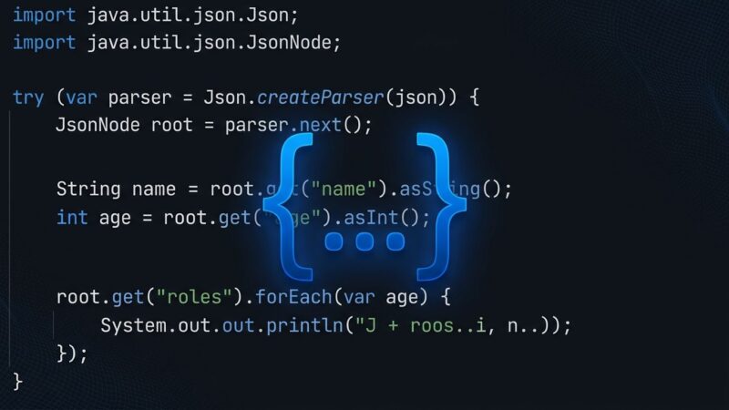 Java code showing Json.parse() call with JEP 540 Simple JSON API on blue ByteIota branded background