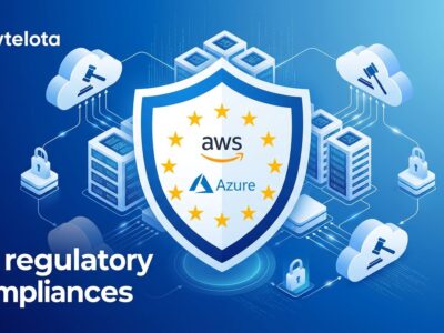 EU Digital Markets Act designating AWS and Azure as cloud gatekeepers with regulatory shield and cloud server icons in blue and white