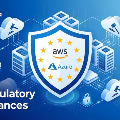 EU Digital Markets Act designating AWS and Azure as cloud gatekeepers with regulatory shield and cloud server icons in blue and white