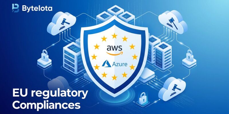 EU Digital Markets Act designating AWS and Azure as cloud gatekeepers with regulatory shield and cloud server icons in blue and white