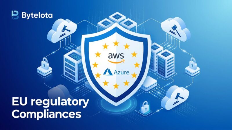 EU Digital Markets Act designating AWS and Azure as cloud gatekeepers with regulatory shield and cloud server icons in blue and white