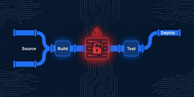 CI/CD pipeline with security breach indicator representing TeamCity CVE-2026-63077 unauthenticated RCE vulnerability