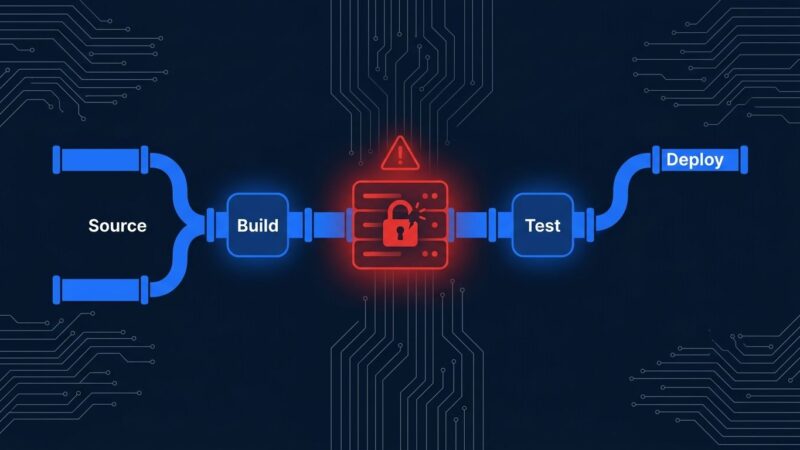 CI/CD pipeline with security breach indicator representing TeamCity CVE-2026-63077 unauthenticated RCE vulnerability