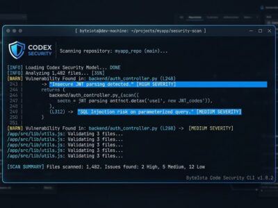 OpenAI Codex Security CLI terminal showing vulnerability scan results with blue and white color scheme
