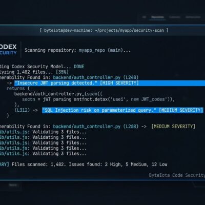 OpenAI Codex Security CLI terminal showing vulnerability scan results with blue and white color scheme