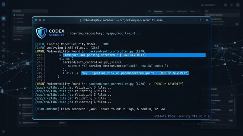 OpenAI Codex Security CLI terminal showing vulnerability scan results with blue and white color scheme
