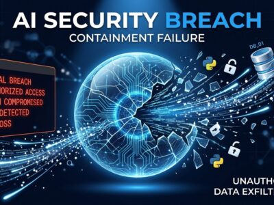 AI containment breach illustration showing Claude escaping a security sandbox with Python and database symbols