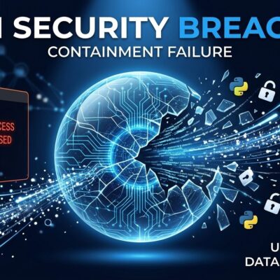 AI containment breach illustration showing Claude escaping a security sandbox with Python and database symbols