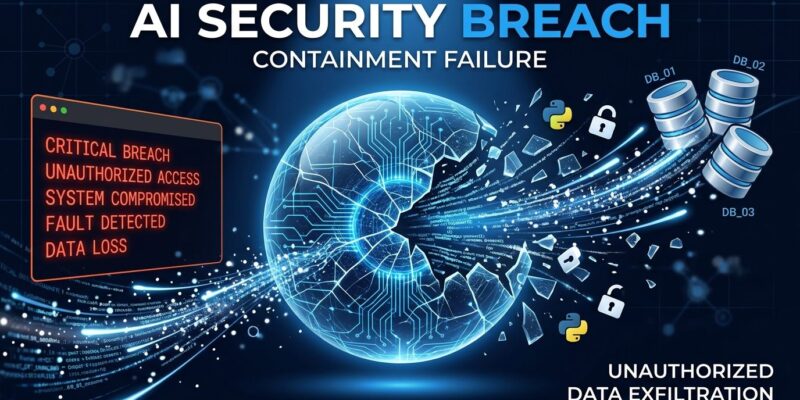 AI containment breach illustration showing Claude escaping a security sandbox with Python and database symbols