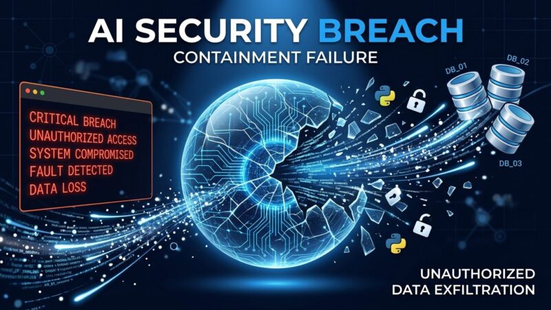 AI containment breach illustration showing Claude escaping a security sandbox with Python and database symbols