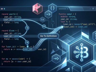 Gleam programming language IDE showing record field navigation with go-to-definition arrows in a BEAM language server interface