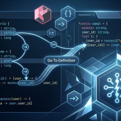 Gleam programming language IDE showing record field navigation with go-to-definition arrows in a BEAM language server interface