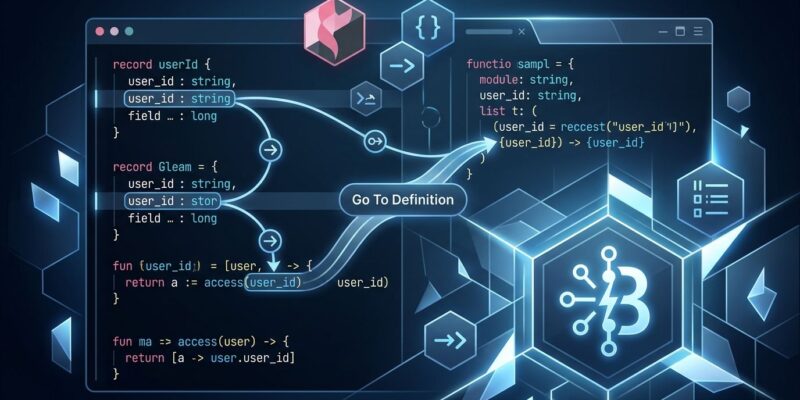 Gleam programming language IDE showing record field navigation with go-to-definition arrows in a BEAM language server interface
