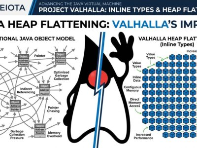 Split-screen illustration showing Java heap pointer model vs value class dense memory layout with blue and white ByteIota branding