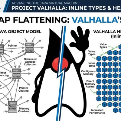 Split-screen illustration showing Java heap pointer model vs value class dense memory layout with blue and white ByteIota branding