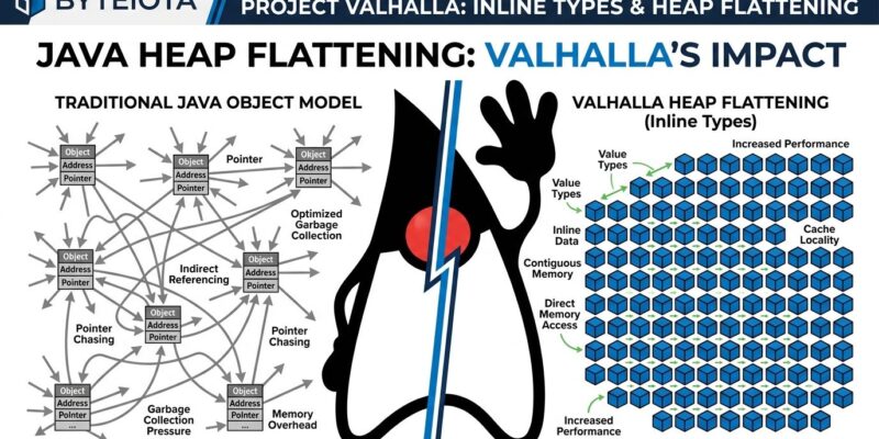 Split-screen illustration showing Java heap pointer model vs value class dense memory layout with blue and white ByteIota branding