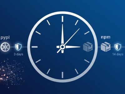 Clock and package icons representing the Dependabot 3-day cooldown and PyPI 14-day release freeze for supply chain attack prevention