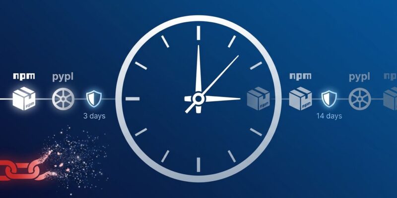 Clock and package icons representing the Dependabot 3-day cooldown and PyPI 14-day release freeze for supply chain attack prevention