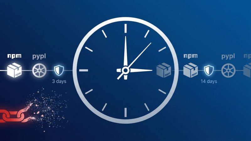 Clock and package icons representing the Dependabot 3-day cooldown and PyPI 14-day release freeze for supply chain attack prevention