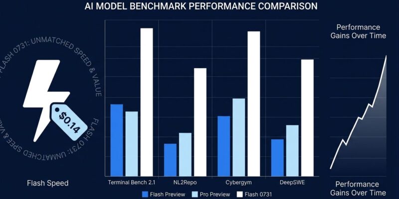 Data visualization benchmark chart showing DeepSeek V4 Flash 0731 outperforming V4 Pro Preview on agent benchmarks