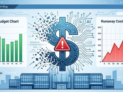 Enterprise budget chart showing AI cost overrun with dollar sign and warning indicator